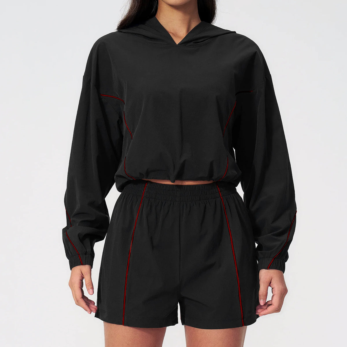 Summer Sun Protection Yoga Suit Women Contrasting Colors Long Sleeve Hoodies Top High Waist Shorts Running Fitness Athletic Wear