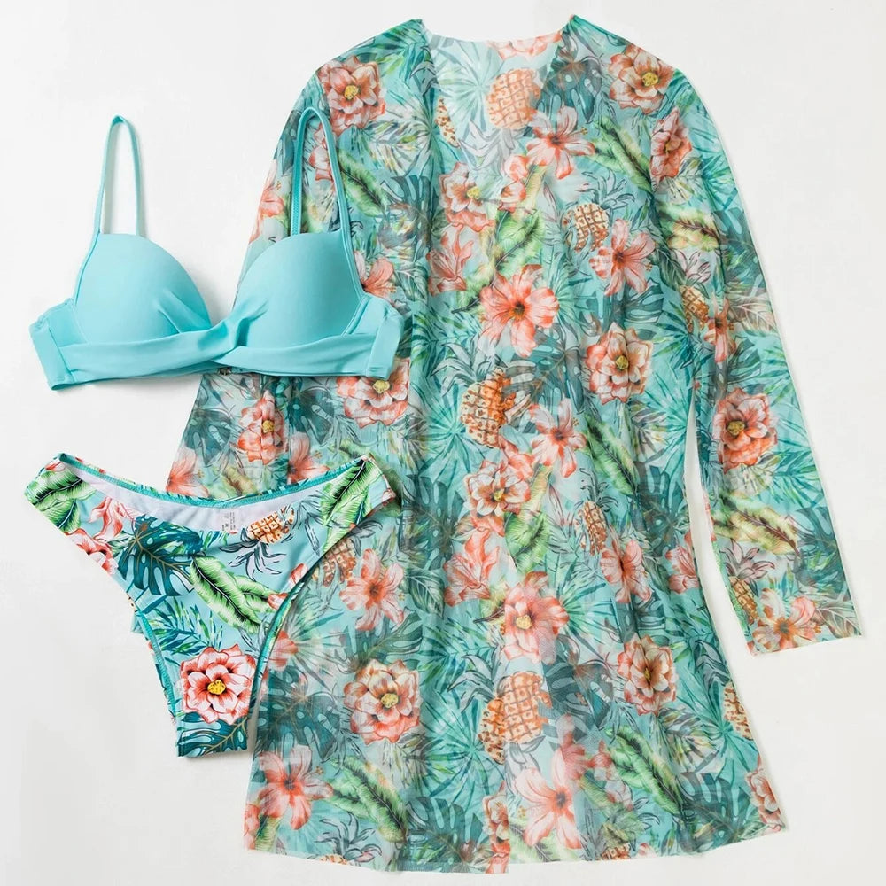 2025 Three Pieces Bikini Set Cover Up Swimwear Women Swimsuit Print Long Sleeve Push Up Bathing Suit Beachwear Swimming Biquini