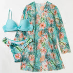 2025 Three Pieces Bikini Set Cover Up Swimwear Women Swimsuit Print Long Sleeve Push Up Bathing Suit Beachwear Swimming Biquini