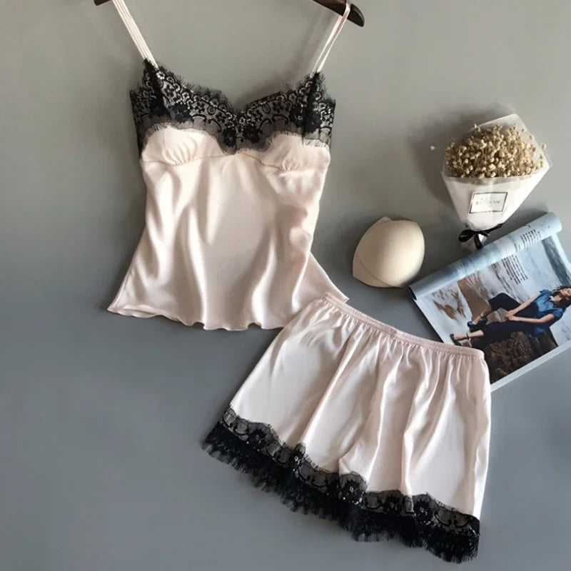 Women Summer Sleepwear Sexy Lace Satin Pajama Sets Lingerie Nightwear Sleeveless Tops+Shorts 2 Pcs Sets Loungewear