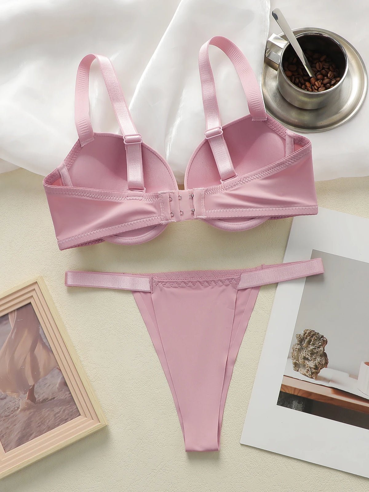 Pink Women Set Solid color daily lingerie set push up bra comfortable close fitting lingerie set Small chest appears larger 2051