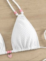 Sexy Pink Micro Thong Bikinis Sets Bead String Halter Swimwear Women Mini Swimsuit Bathing Suit Lace-up Biquinis Triangle Bikini