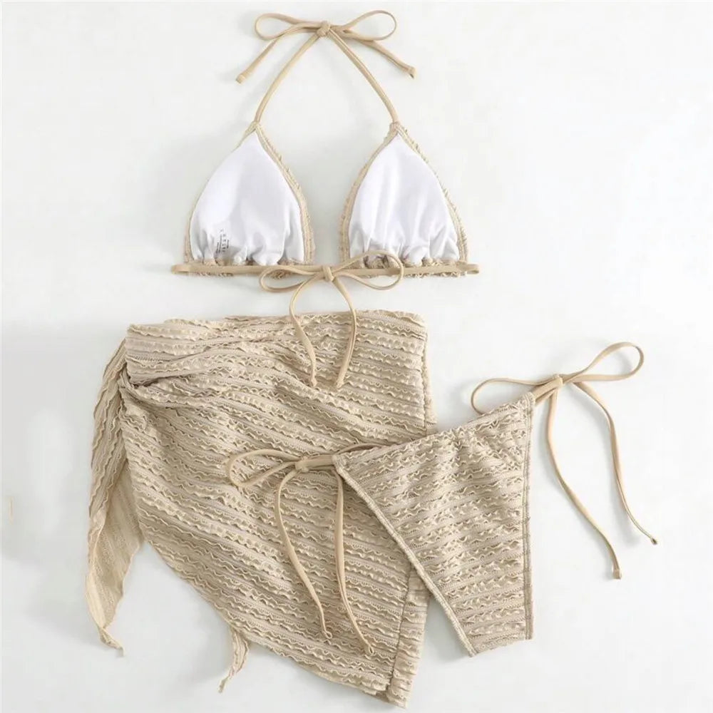 Army Green Solid Swimwears 3 Piece Halter Triangle Bikini Set Cover Ups Micro Thong Sexy Swimsuit Women Beachwear String Bikinis
