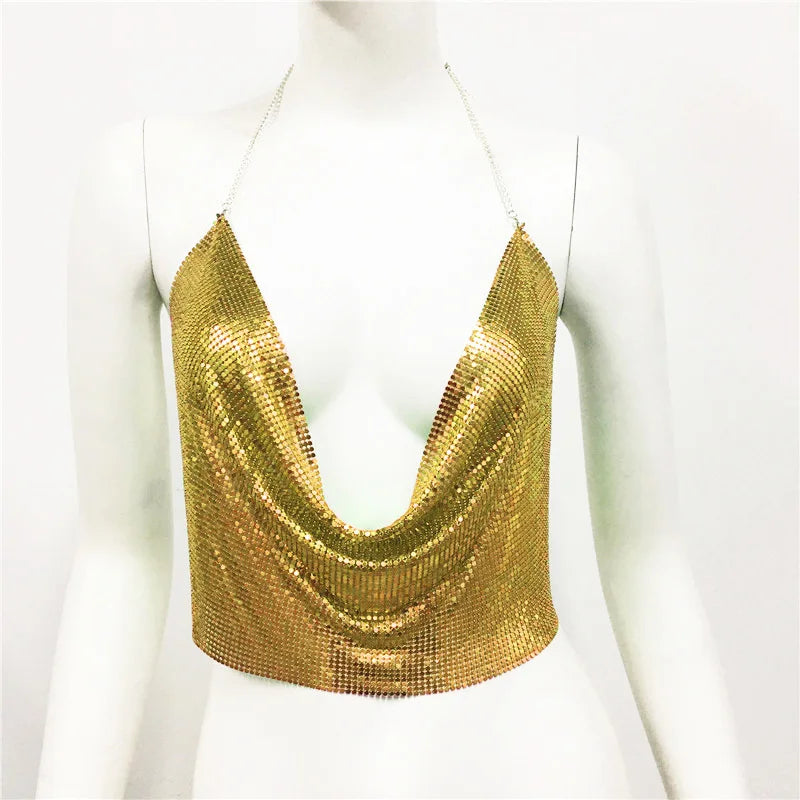 DEKA Bling Bikini Tops Deep V Neck Vest Backless Sequins Women Crop Top Night Club Diamonds Metal Tank Adjustable Halter Shiny
