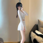 Split Swimsuit Women's Two-piece Solid Color Skirt Style Fairy Style Long Sleeved Sunscreen Sports Flat Pants Swimsuit