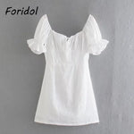 Foridol White Lace Summer Dress for Women Flower Embriodery Cotton Mini Dress Puff Sleeve Lace Up Ruffles Short Beach Dress