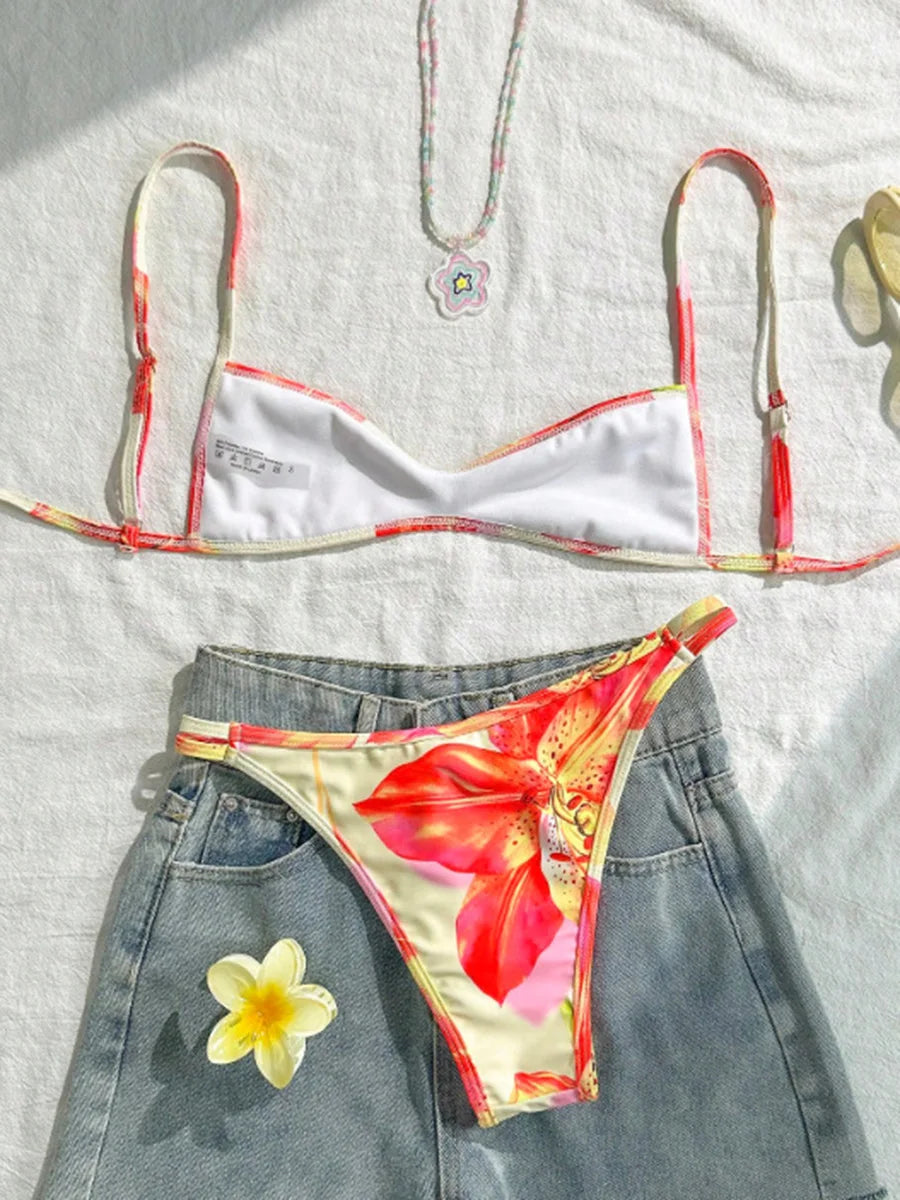 XS - XL Flowers Printed High Leg Cut Bikini Female Swimsuit Women Swimwear Two-pieces Bikini set Bather Bathing Suit Swim Lady
