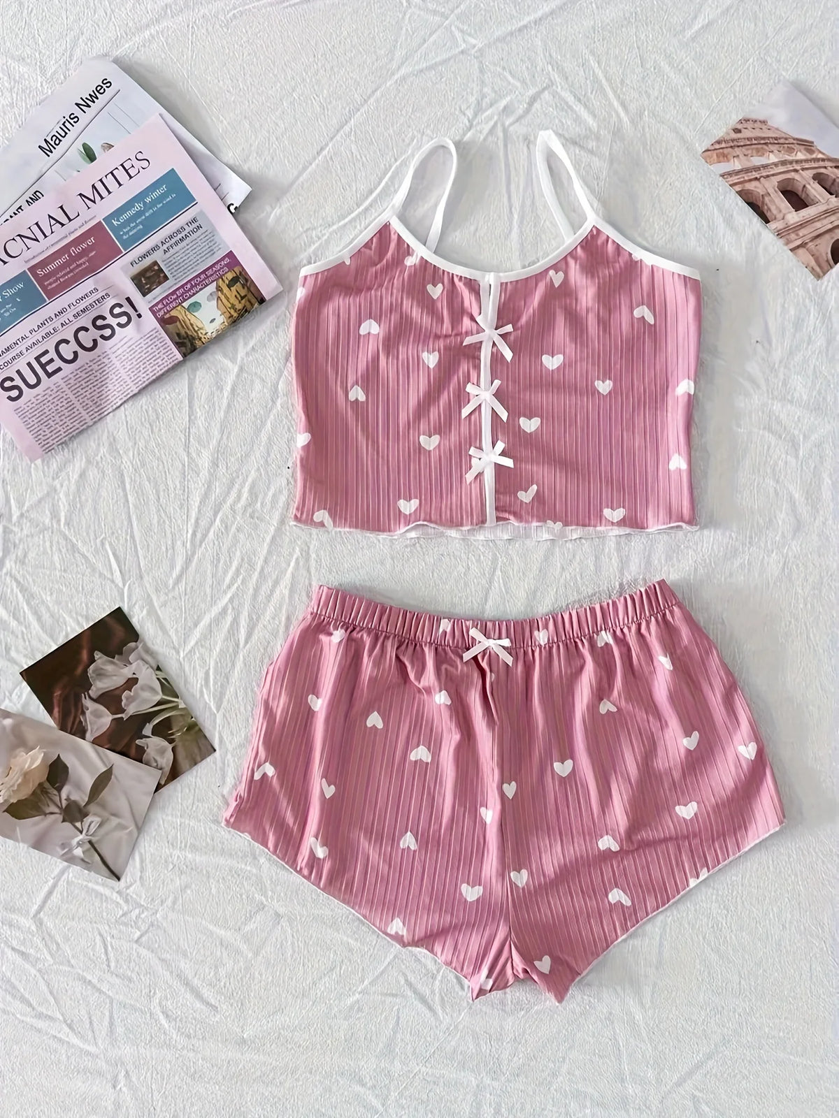 Women's Heart Print Sexy Ribbed Bow Decor Pajama Set, Round Neck Backless Comfortable Crop Cami Top & Shorts, Summer Nightwear