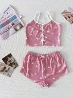 Women's Heart Print Sexy Ribbed Bow Decor Pajama Set, Round Neck Backless Comfortable Crop Cami Top & Shorts, Summer Nightwear