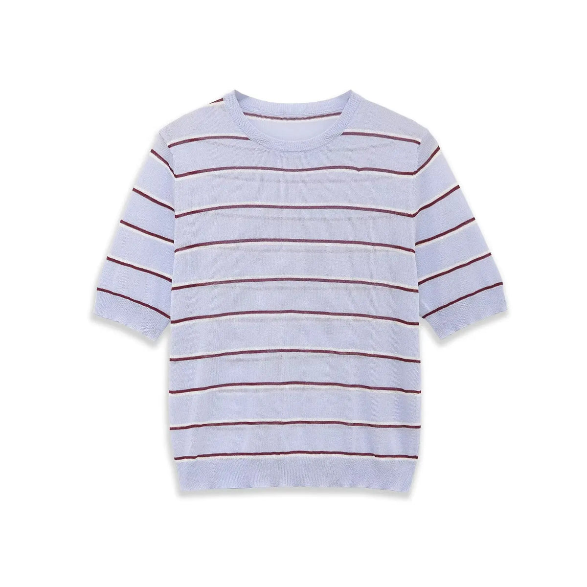 Fashion Short-sleeve Round-neck Striped Knit Top Light Blue With Knit Top Casual Sleeve Crew Neck For Women Daily Wear 0NSB