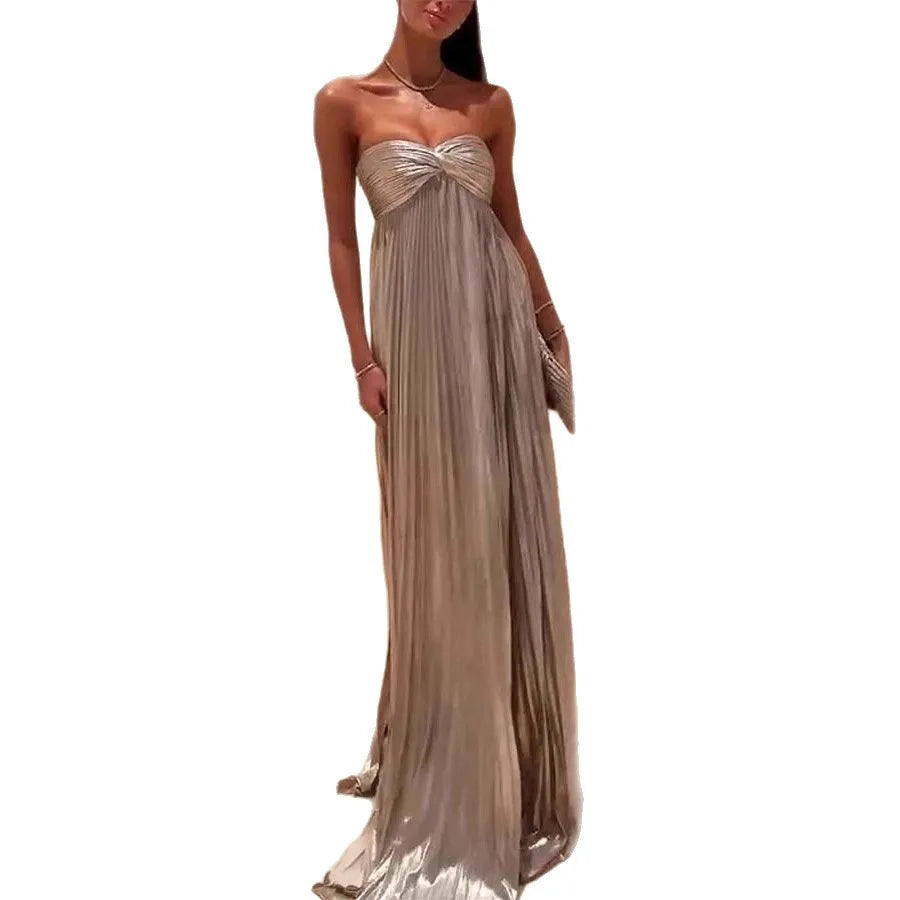 Gold Hot Tube Top Party Dresses Women Solid Color Sexy Hot Girls Fold Banquet Slit Evening Dress Female Streetwear Long Vestidos