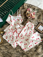3 Pcs Women Satin Pajama Set Heart Print Round Neck Top with Pants and Shorts Sleepwear Suit Elegant Ladies Homewear