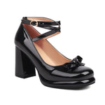 Big Size 43 Sweet Bow knot Mary Janes Shoes Cute Burgundy Ankle Strap Pumps Lolita Platform Block High Heels White Wedding Pumps