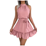 Elegant Halter Mini Dress For Women Solid Color Off Shoulder Sleeveless A Line Summer Dress Tie Waist Ruffled Hem Office Dresses