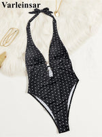 Polka Dots Halter Deep V Neck One Piece Swimsuit Women Swimwear Female Backless Monokini Padded Bather Bathing Suit Swim V7729