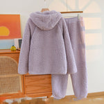 Korean New Women Warm Coral Fleece Pajamas Set Autumn Winter Sleepwear 2 Pieces Home Suit Casual Hooded Pajamas Night Wear