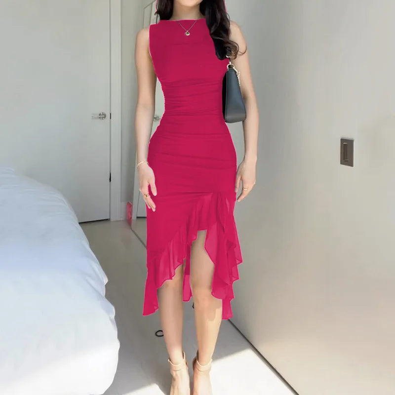 Dresses For Women 2023 Summer Elegant Solid Sleeveless Vestidos Slim Backless Ruffles Irregular Streetwear Party Evening Dress