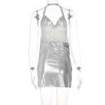 Sexy Hot Girl Slim Halter Neck Mini Dress Fold V-neck Low Cut Backless Bodycon Slit Short Dresses Streetwear Lady Party Vestidos