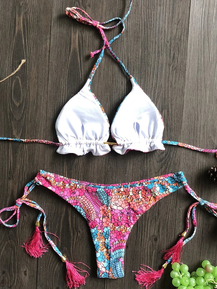 Sexy Bikini Floral Print Swimwear String Bikini Set Push Up Swimsuit Bikinis Women Biquini Beach Bathing Suit Women