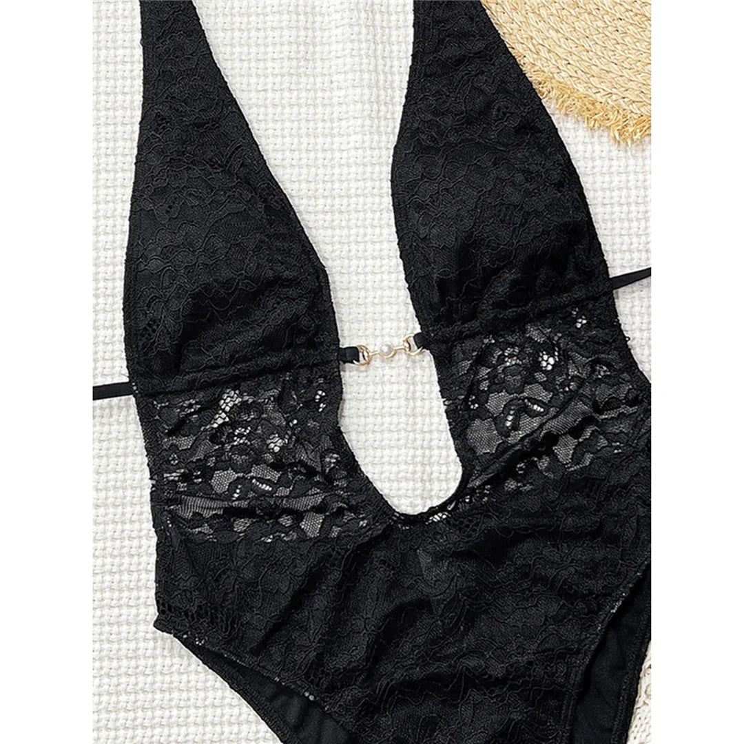 Lace Deep V Neck Halter Women Swimwear One Piece Swimsuit Female Monokini High Leg Cut Backless Bather Bathing Suit Swim V8264