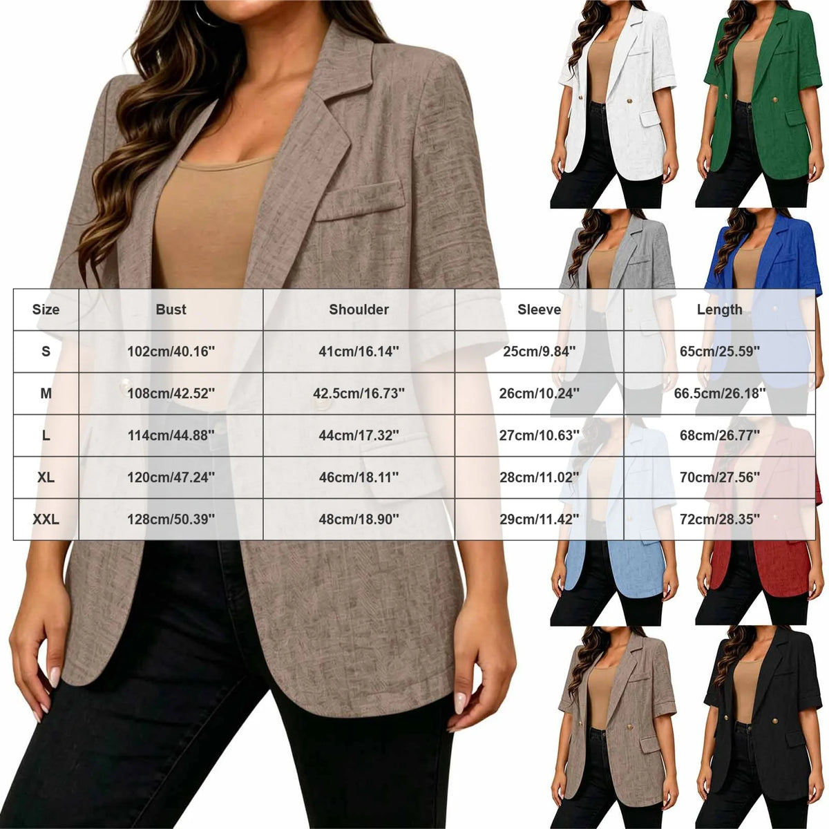 Women Textured Blazer Jacket Lapel Collar Double Breasted Half Sleeve Pocket Loose Suit Coat Elegant Office Summer Outerwear