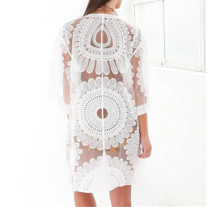 DEKA New Beach Cover-up Swimsuit Lace Hollow Crochet Beach Bikini Cover Up 3/4 Sleeve Women Top Swimwear Beach Dress Tunic Shirt