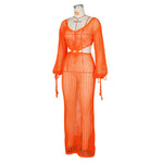 DEKA New Sexy Knit Mesh Cut Out Deep V Neck Long-sleeve Lace-up Fringe Tunic Summer Women Swimsuit Cover-ups Beach Maxi Dress