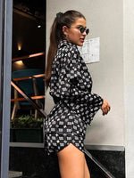 Marthaqiqi Fashion Ladies Nightgowns Suit Turn-Down Collar Robe Lace Up Pajama Long Sleeve Sleepwear Shorts Printing Nightie Set