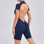Padded Backless Yoga Cycling jumpsuitWomen Zipper GYM Sportswear Fitness One Piece Sports Suit V Back Workout Playsuit