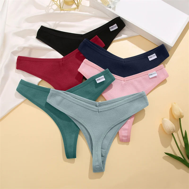 New 7Pcs Women Cotton Waffle Style G-string Panties Ladies Soft Thongs Female S-XL Low-Rise T-Back Panties Bikini Underwear 2024
