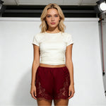 Women Summer Casual Wear Featuring Intricate Lace Detailing On Sides And Hem Mini Shorts Summer Silk Lace Shorts