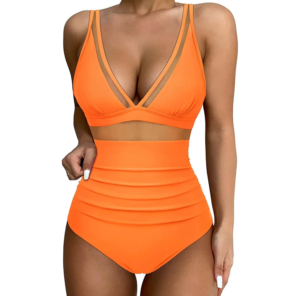 2024 Sexy One Piece Swimsuit Women Mesh Strappy Plunge Swimwear Tummy Control Bathing Suits Beach Wear Monokini Swimming Suit