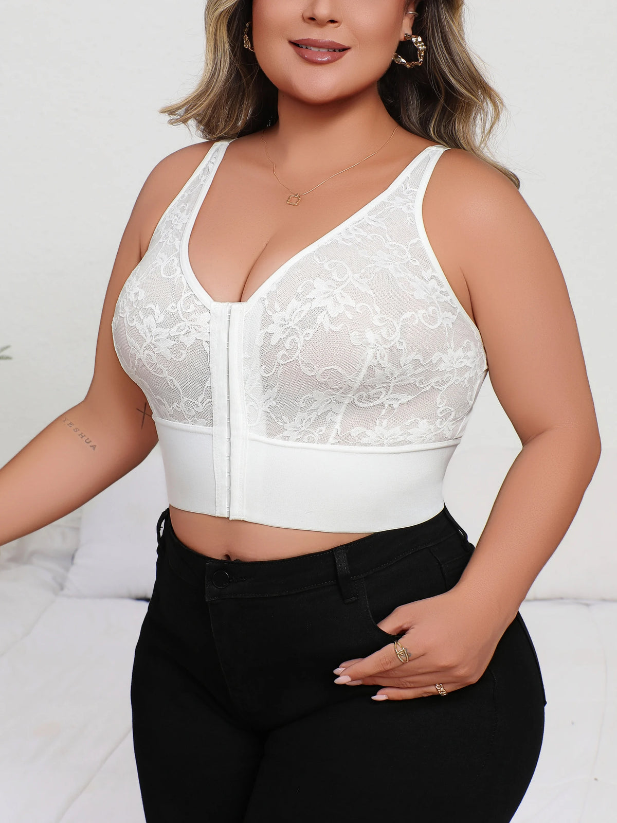 Plus Size Deep V Lace Lingerie, Sheer Plunge Bra with Front Zip, Open Back & Shaping Support