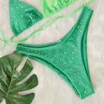 Splicing Halter Diamond Rhinestones Bikini Female Swimsuit Women Swimwear Two-Pieces Bikini Set Bather Bathing Suit Swim V6467