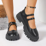 Women Double Strap Mary Janes Faux Leather Lug‑Sole Round‑Toe Vintage Preppy JK Platform Buckle Casual Daily Shoes