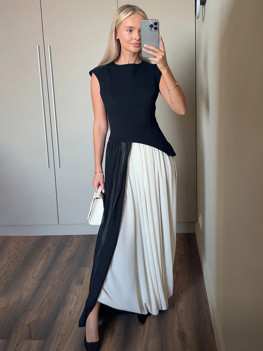 FDYOUI Elegant Solid Color Pleated Skirts for Women 2026 Chic High Slit Long Skirt High Street Office Lady Vacation Party Dress