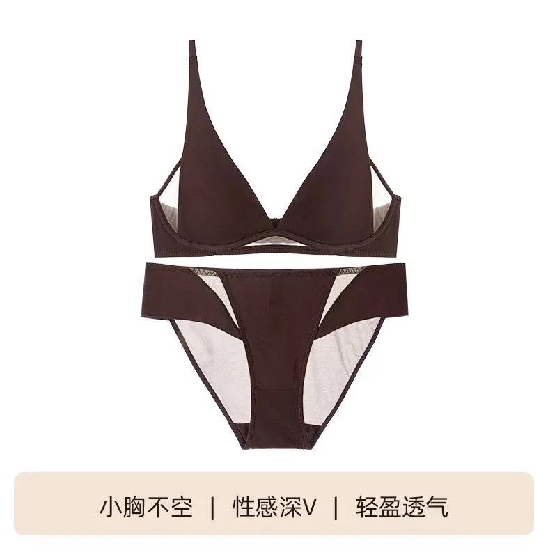 French Triangle Bra Rabbit Ear Cup, Deep V Wireless Bralette for Small Bust, No Gap Sexy Lingerie Set, Breathable Summer Thin