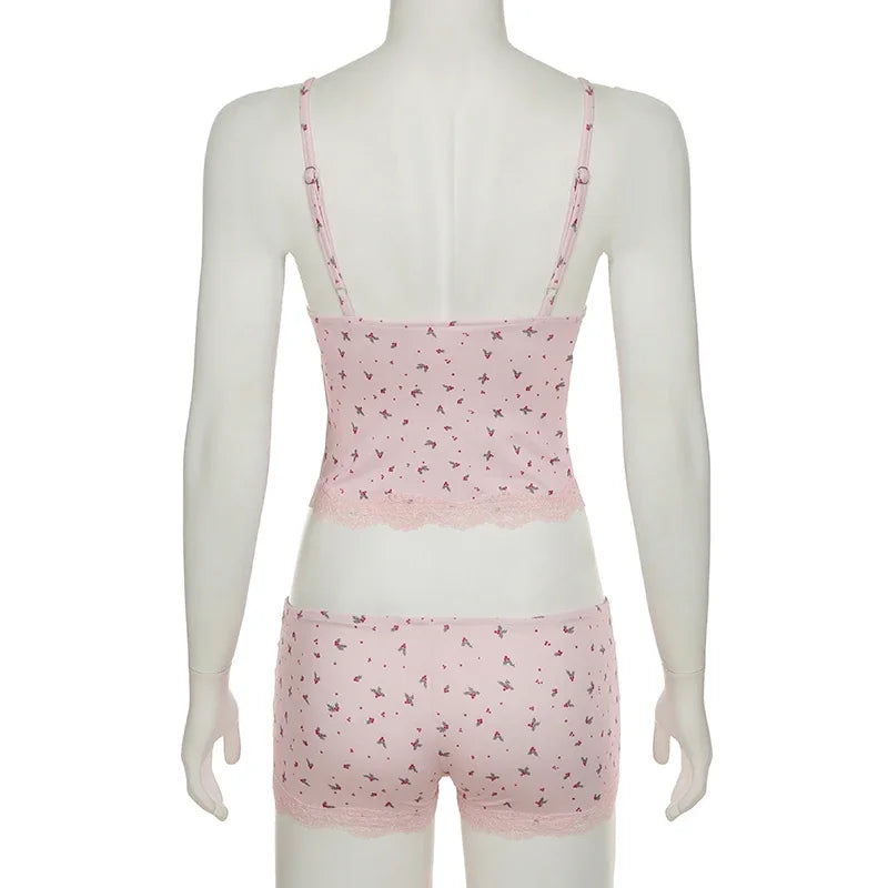 Women Two-pieces Pajamas Set Pink Floral Lace Patchwork Sleepwear Sleeveless Camisoles and Slim Cute Shorts Loungewear