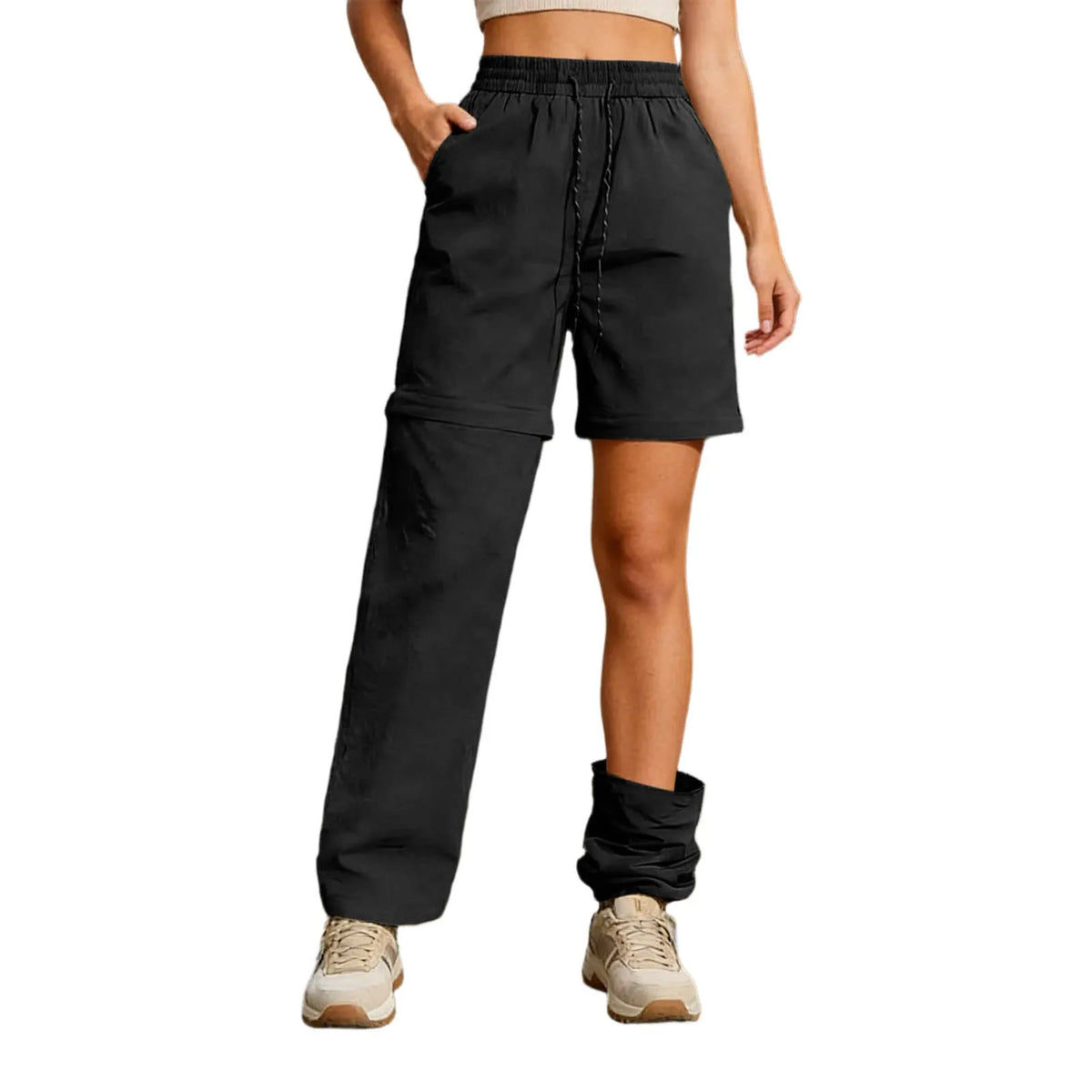 Women's Casual Waterproof Hiking Pants Loose Fit Zip Off Convertible Shorts High Waist Drawstring Wide Leg Pants With Pockets