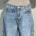 Women's Straight Leg Denim Pants High Waisted Baggy Wide Leg Bling Jeans Casual Sparkly Harem Jeans for Streetwear