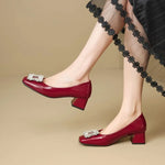 Shallow Mouth Square Toe Rhinestone Square Buckle Single Shoes Women's New Professional Patent Leather Kitten Heel Shoes