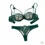 Green Floral Lace Lingerie Set Sheer Mesh Underwire Bra With Bow & Thong Women Sexy Underwear ZA824057