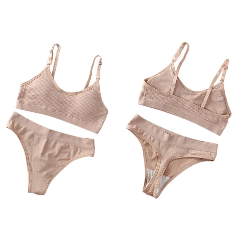 Women Padded Bra And Panties Set Wire Free Seamless Bra Sexy High Waist Thongs Underwear Sports Brassiere Female Lingerie Set