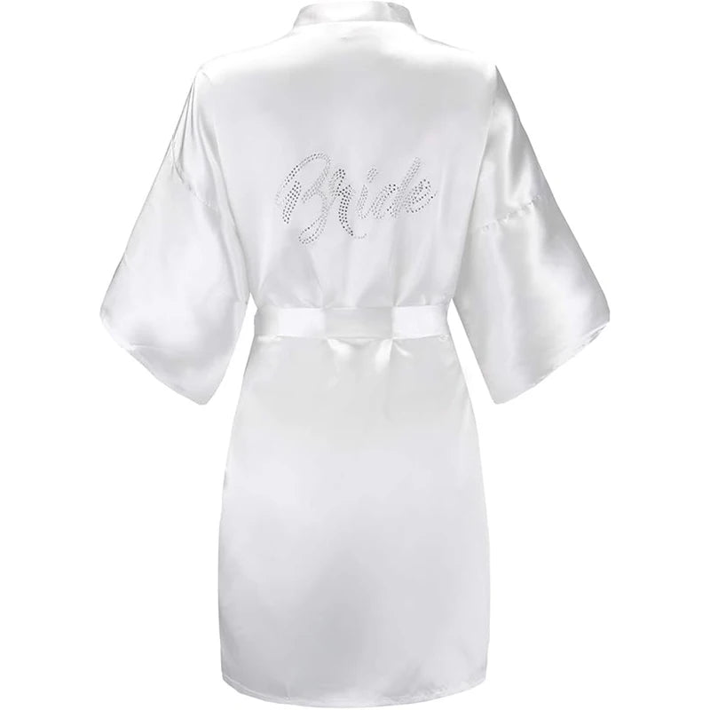 Women's Satin Kimono Robes with Rhinestones Bride Bridesmaid Short Getting Ready Wedding Dressing Gown