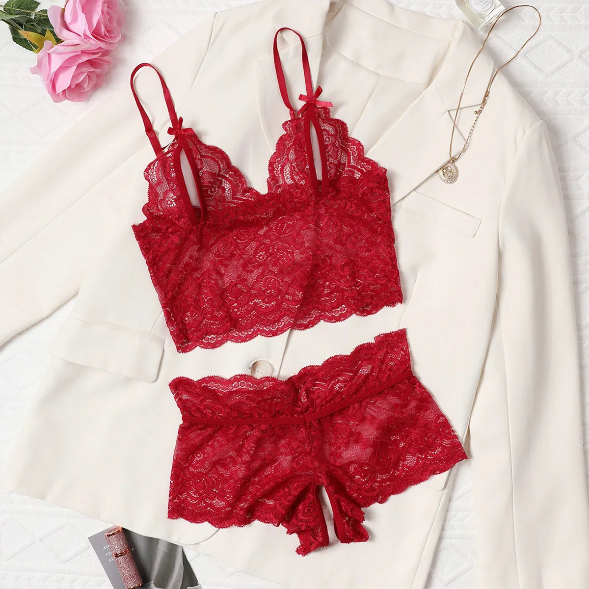 Pullover Open Bra See Through Fancy Underwear Uncensored Luxury Lace Hollow Sets Crotchless Outfits Intimate No Pad Wireless
