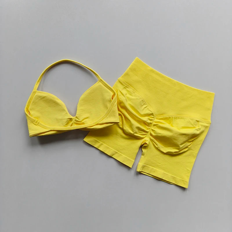 2PCS Backless Sports Bra High-Waisted Yoga Shorts Set Sexy Neck Hanging Design Abdomen Hip Lifting Fitness Outfit