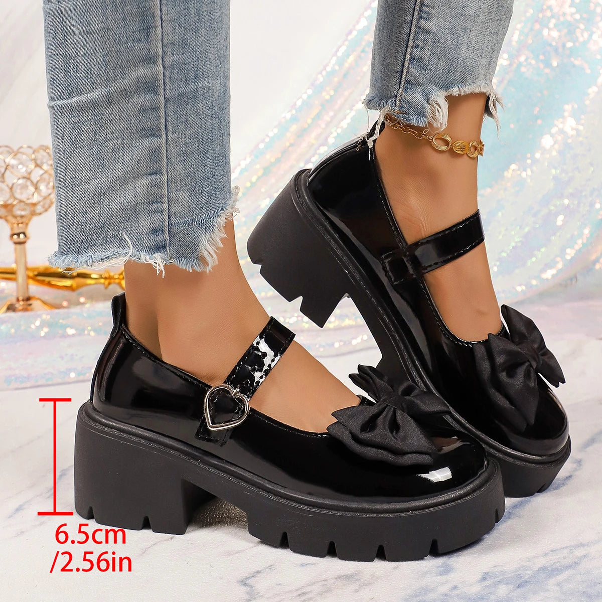 Women Bow Decor Platform Mary Jane Shoes Round‑Toe Ankle Strap Lug‑Sole PU Leather Black Glossy Sweet Casual Daily Shoes
