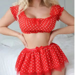 Women's EroticShort Skirt with Garter Straps Sexy Lingerie Women Sexy Polka Dot Off Shoulder Puffy Skirt PolkaExotic Set