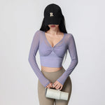 Women Mesh Long Sleeve Crop Yoga Top V Neck Twist Front Built-in Bra Quick Dry Breathable Workout Running Sports Shirt