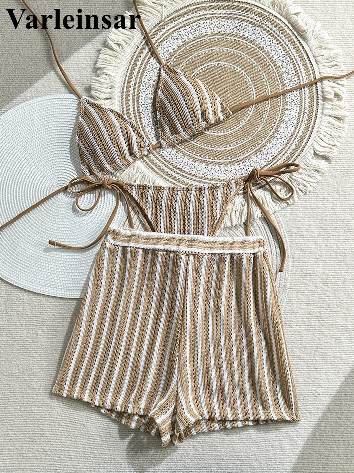 With Shorts Striped Halter Bikini Female Swimsuit Women Swimwear Three-Pieces Bikini Set Padded Bather Bathing Suit Swim V7159